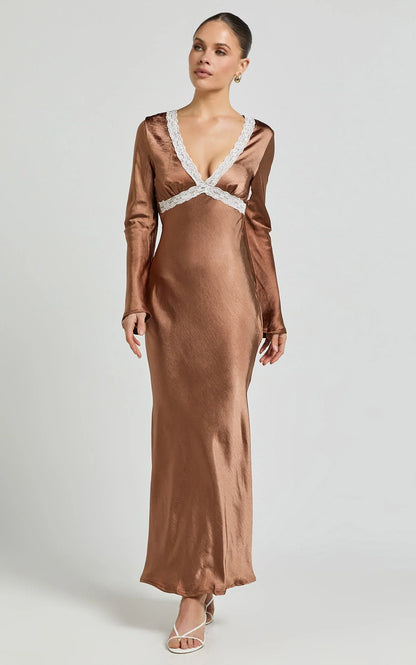 Carmela Midi Dress - Long Sleeve V Neck Lace Detail Dress in Chocolate
