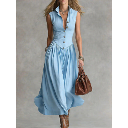 Women's Sleeveless Lapel Collar Maxi Dress – Slim Fit Patchwork