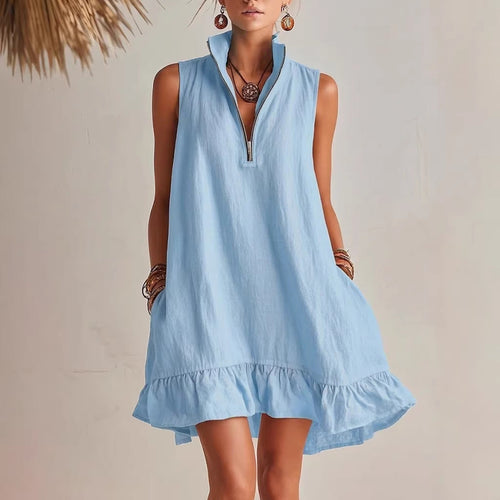 Women's Casual Loose Half-Zip Sleeveless Dress with Ruffle Hem
