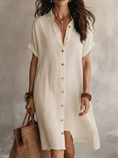Women's Buttoned Midi Shirt Dress – Short Sleeve Cotton Linen