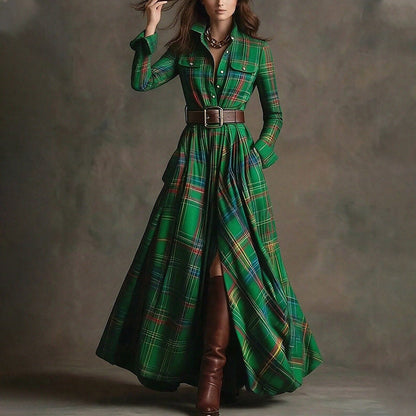 Women's Printed Lapel Slim-Fit Dress – Elegant Commuter Style