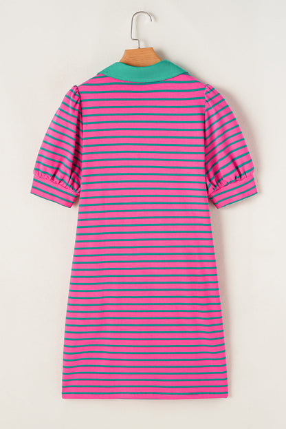 Pink Stripe Collared V Neck Puff Sleeve T Shirt Dress
