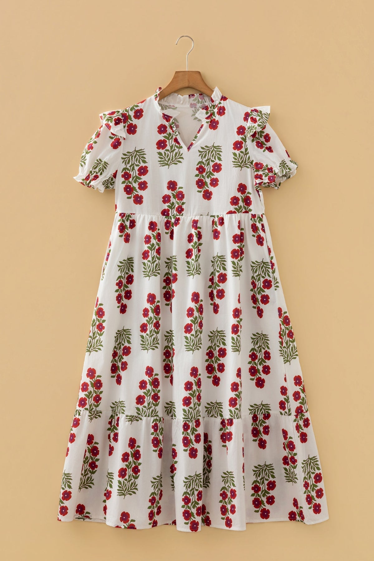 White Floral Print V Neck 3/4 Sleeve Loose Mini Dress