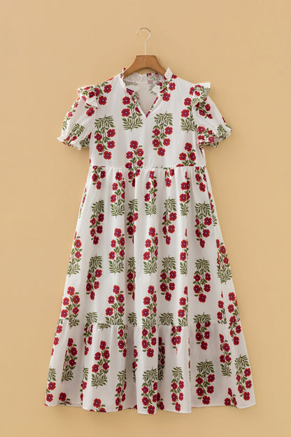 White Floral Print V Neck 3/4 Sleeve Loose Mini Dress