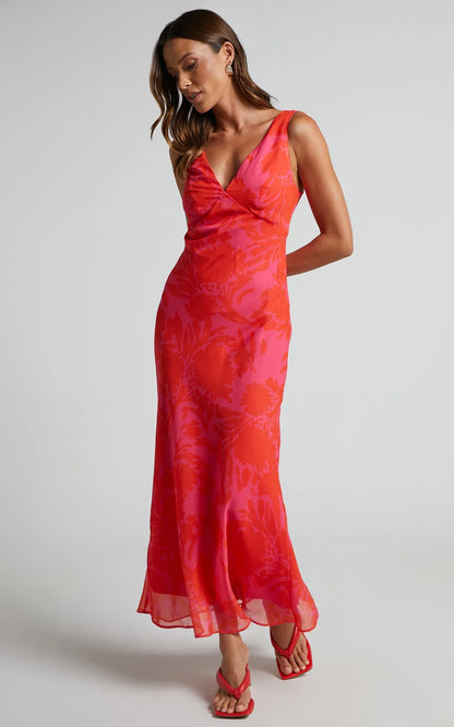 Jodie Midi Dress - V Neck Slip Dress in Pink Floral