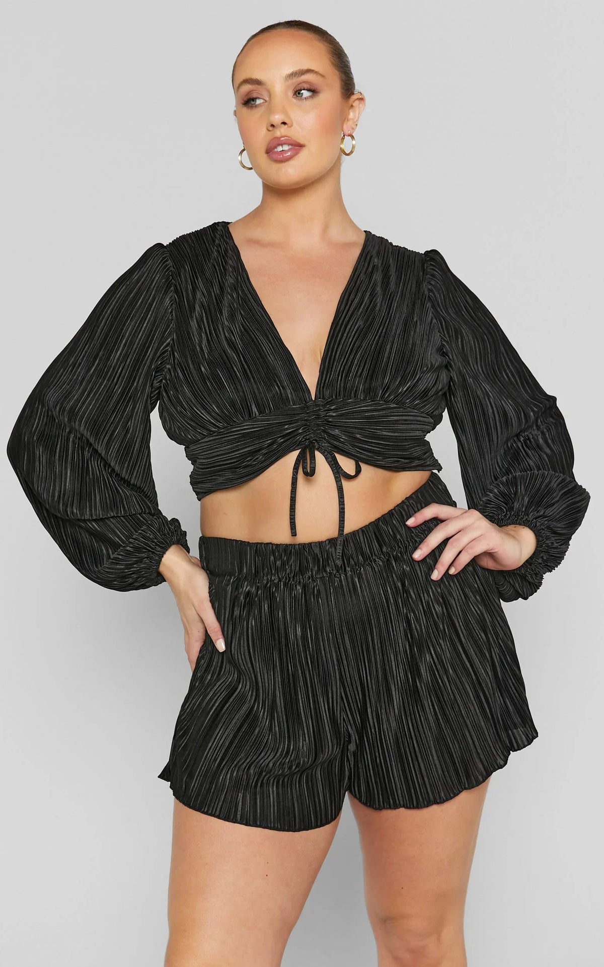 Jondra Blouse - Ruched Front Long Sleeve Plisse Blouse in Black