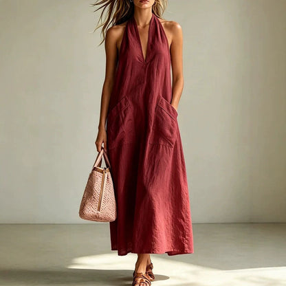 Cotton Halterneck Sleeveless Deep V-Neck Loose Straight-Line Dress