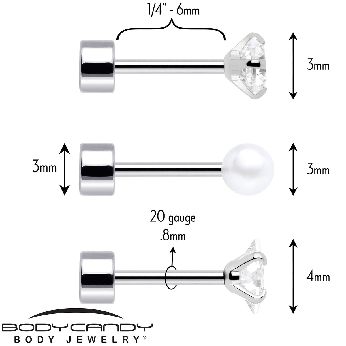 20G Clear Gem White Orb Flatback Earring Set of 6