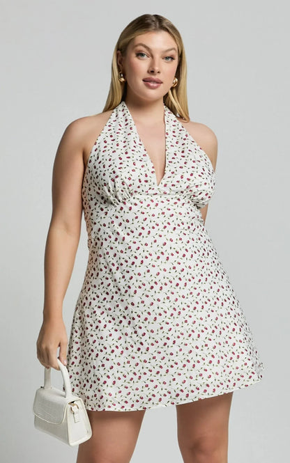 Emmett Mini Dress - Tie Halter Neck Low Back Dress in White Floral