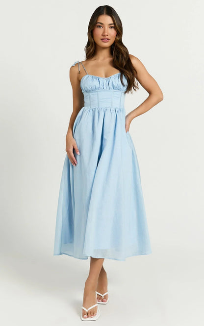 Dolores Midi Dress - Strappy Ruched Bust Corset Waist Dress in Blue