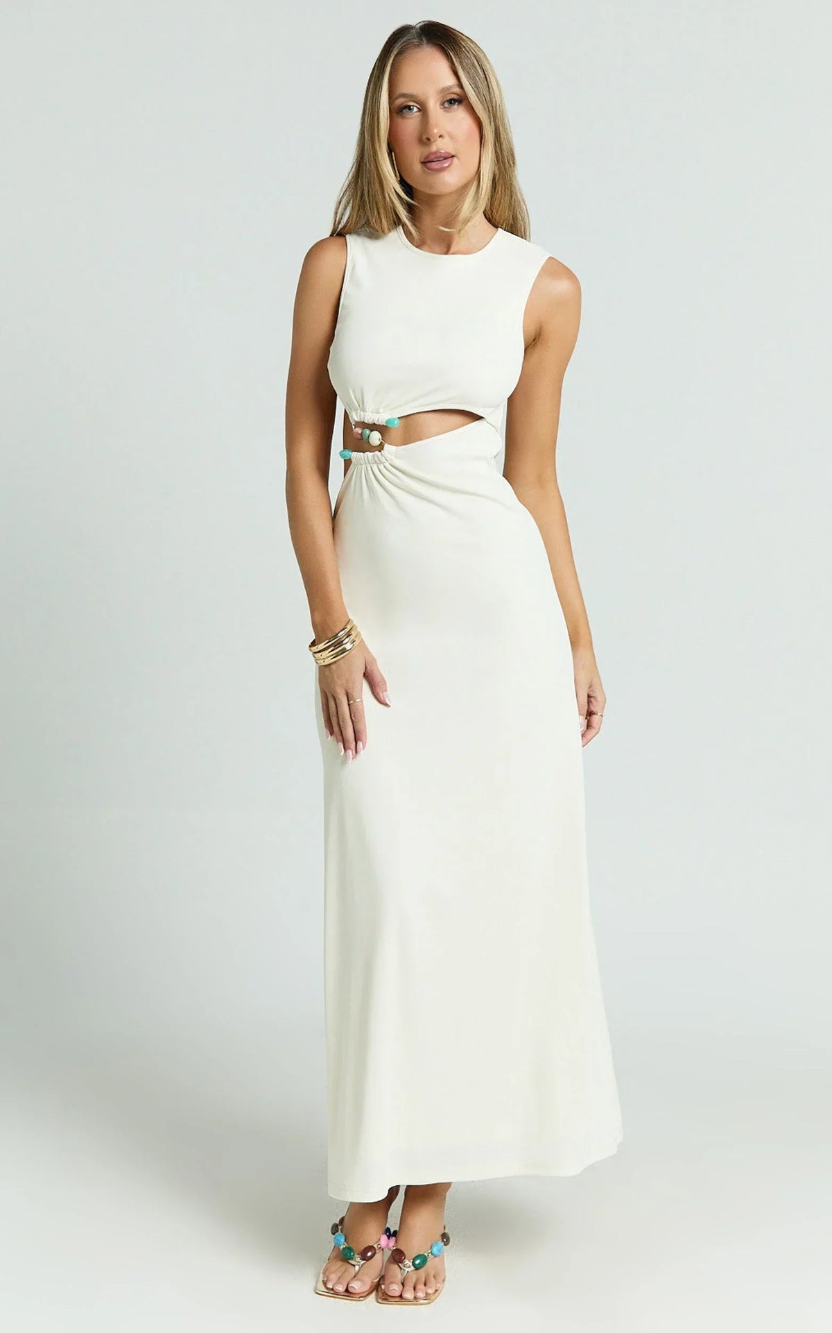 Amy Maxi Dress - High Neck Cut Dress with Hardware Detail in Cream