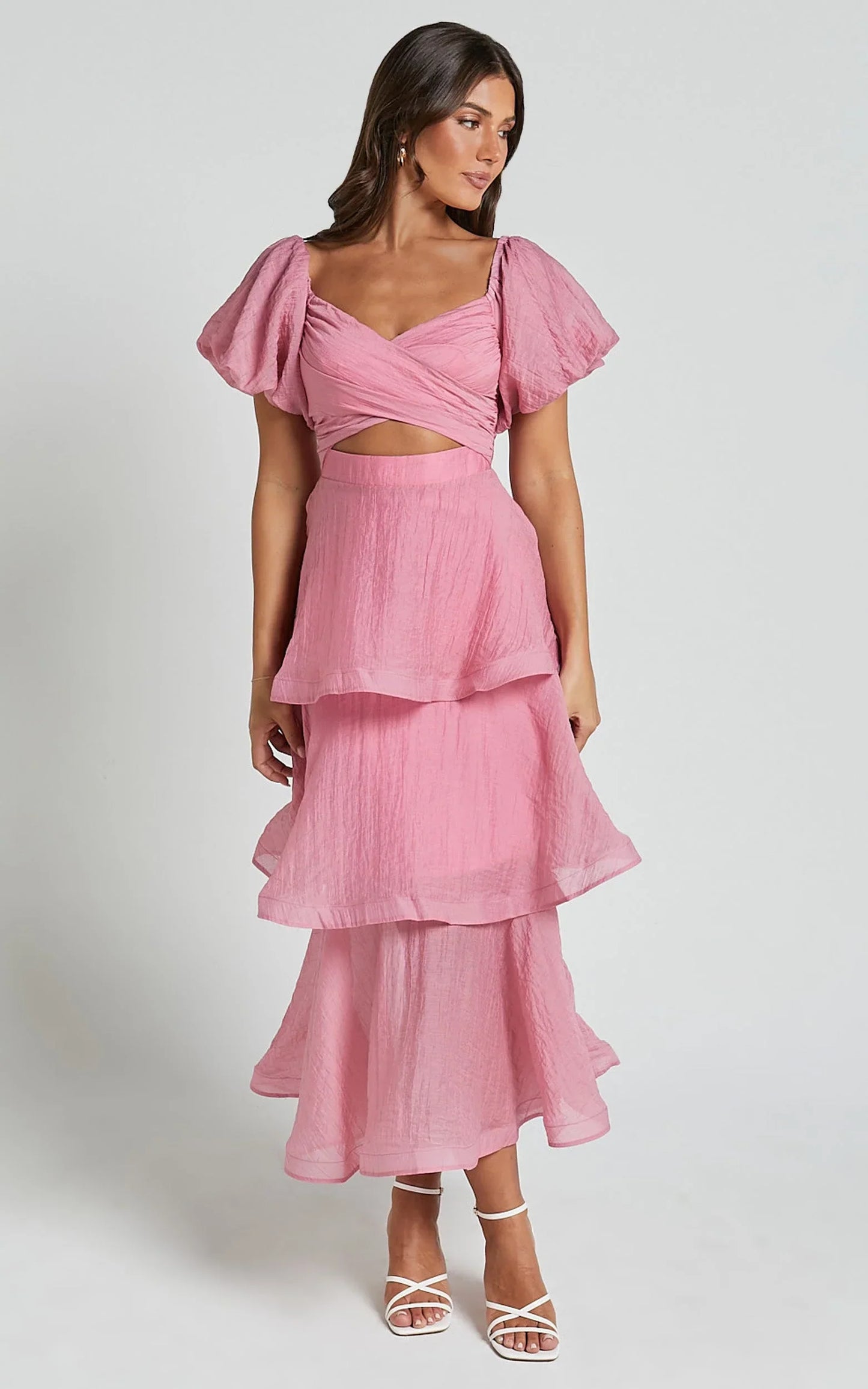 Giselle Midi Dress - Short Puff Sleeve Front Cut Out Layered Dress in Pink