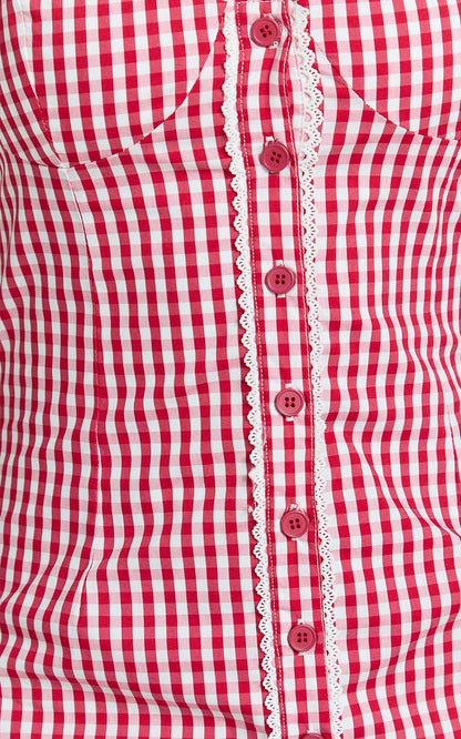 Anessa Midi Dress - Button Front Bustier Fitted Dress in Red Gingham