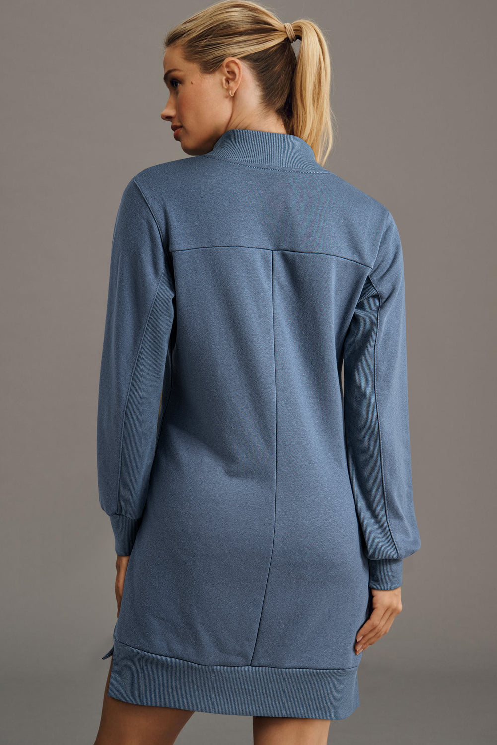 Black Zip up Collared Ribbed Patchwork Sweatshirt Dress with Pockets