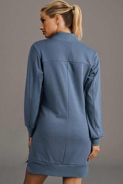 Black Zip up Collared Ribbed Patchwork Sweatshirt Dress with Pockets