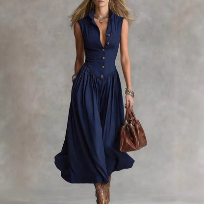 Women's Sleeveless Lapel Collar Maxi Dress – Slim Fit Patchwork
