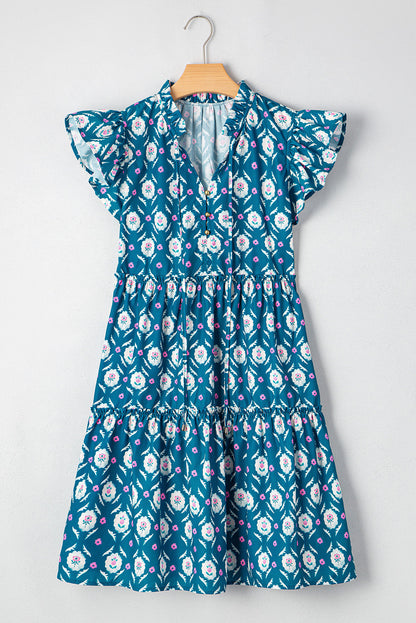 Blue Retro Floral Print Split Neck Ruffle Short Sleeve Dress
