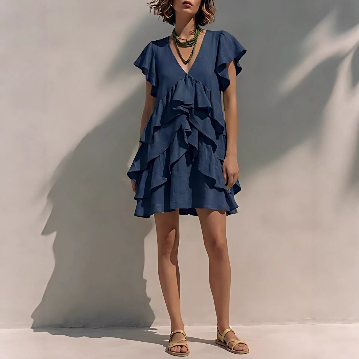 Women's V-Neck Ruffle Sleeve Casual Loose Dress