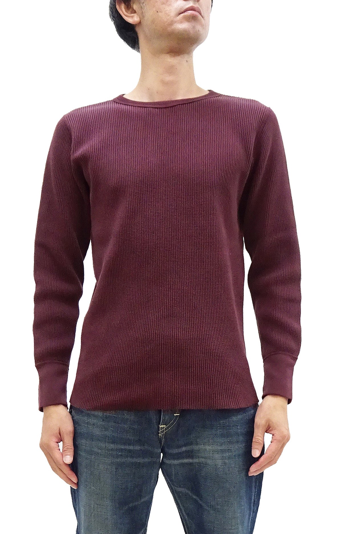 Studio D'Artisan Men's Heavyweight Waffle Knit Thermal Long Sleeve T-Shirt - 100% Cotton, Crew Neck, Ribbed Cuffs, Raw-edge hem, Made in Japan (SDA 9936) Burgundy
