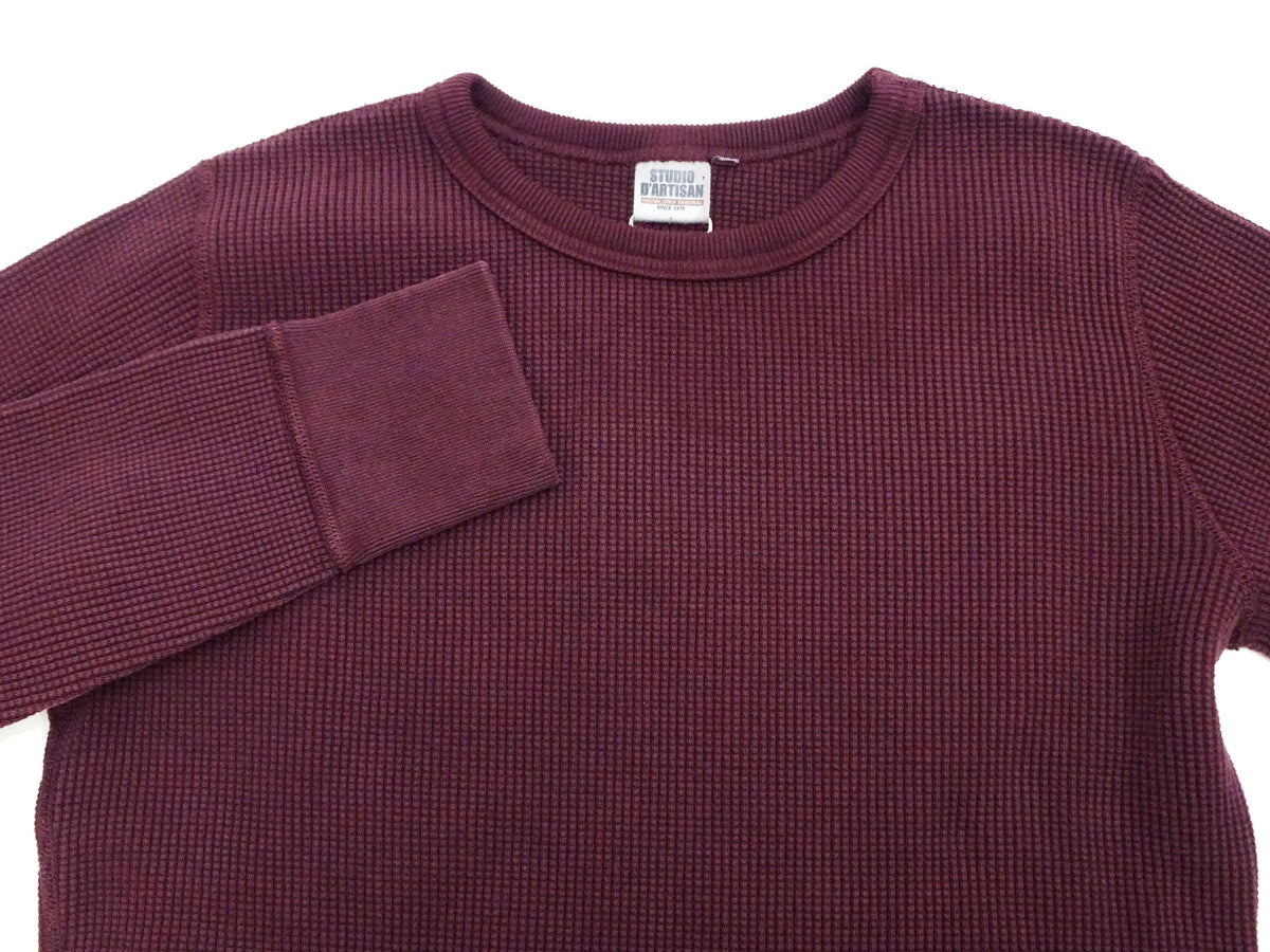 Studio D'Artisan Men's Heavyweight Waffle Knit Thermal Long Sleeve T-Shirt - 100% Cotton, Crew Neck, Ribbed Cuffs, Raw-edge hem, Made in Japan (SDA 9936) Burgundy
