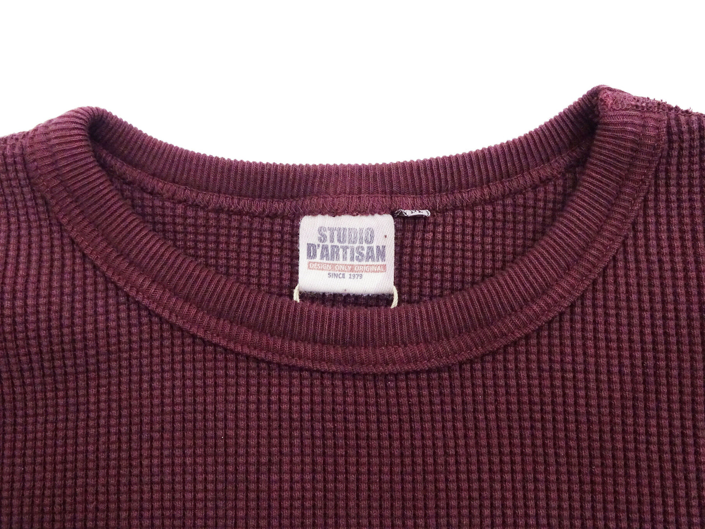 Studio D'Artisan Men's Heavyweight Waffle Knit Thermal Long Sleeve T-Shirt - 100% Cotton, Crew Neck, Ribbed Cuffs, Raw-edge hem, Made in Japan (SDA 9936) Burgundy