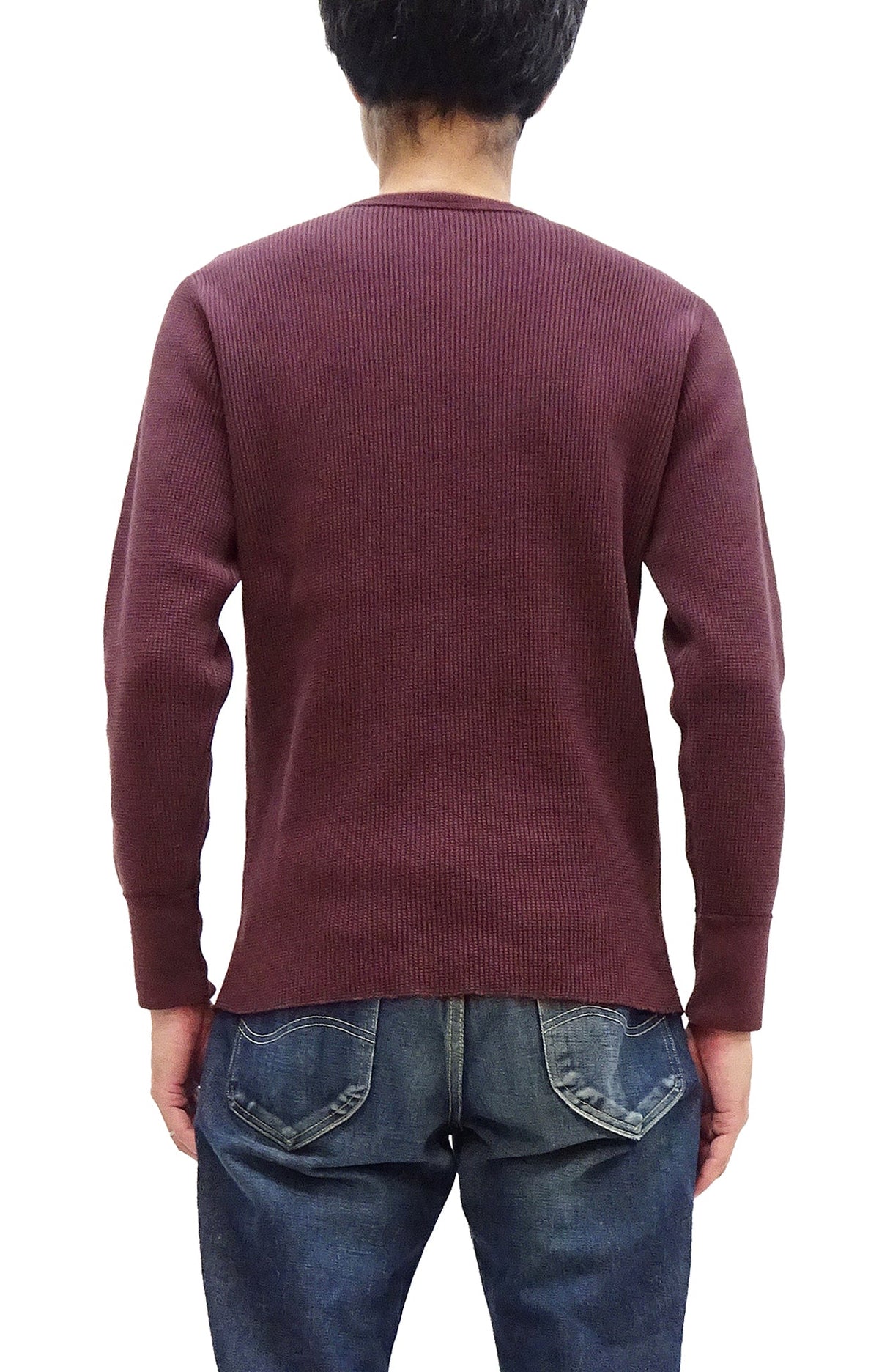 Studio D'Artisan Men's Heavyweight Waffle Knit Thermal Long Sleeve T-Shirt - 100% Cotton, Crew Neck, Ribbed Cuffs, Raw-edge hem, Made in Japan (SDA 9936) Burgundy