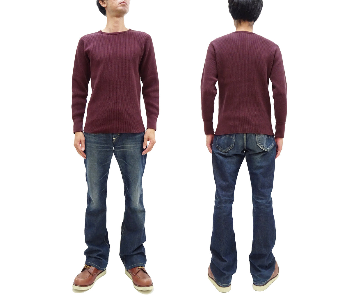 Studio D'Artisan Men's Heavyweight Waffle Knit Thermal Long Sleeve T-Shirt - 100% Cotton, Crew Neck, Ribbed Cuffs, Raw-edge hem, Made in Japan (SDA 9936) Burgundy