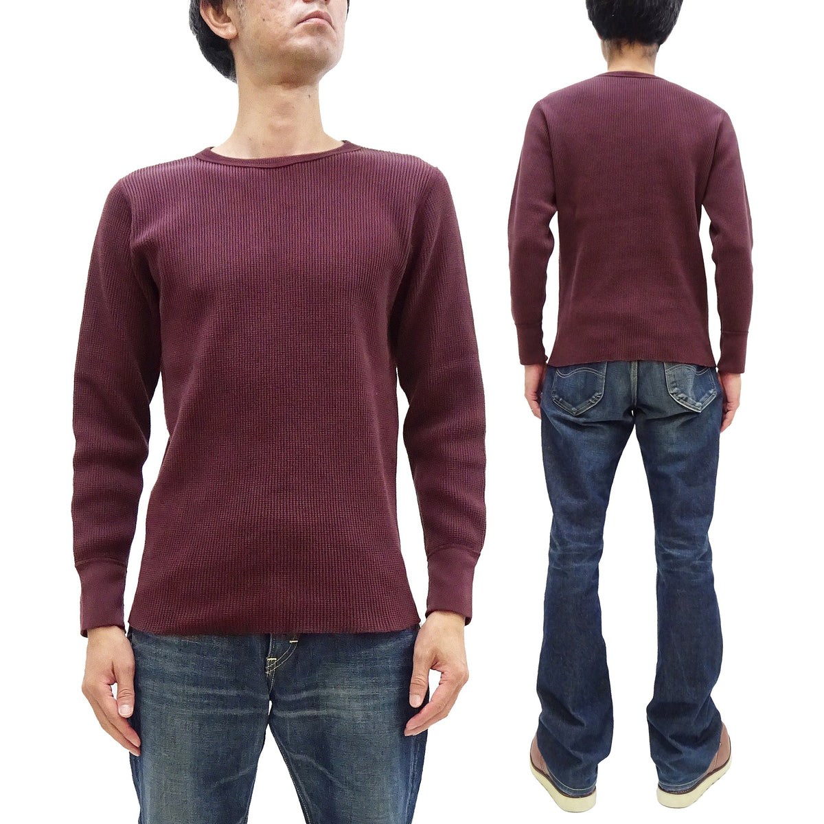 Studio D'Artisan Men's Heavyweight Waffle Knit Thermal Long Sleeve T-Shirt - 100% Cotton, Crew Neck, Ribbed Cuffs, Raw-edge hem, Made in Japan (SDA 9936) Burgundy