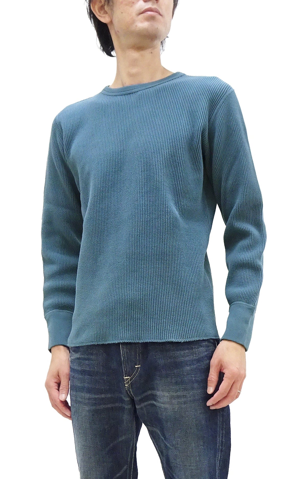 Studio D'Artisan Men's Heavyweight Waffle Knit Thermal Long Sleeve T-Shirt - 100% Cotton, Crew Neck, Ribbed Cuffs, Raw-edge hem, Made in Japan (SDA 9936) Faded-Blue
