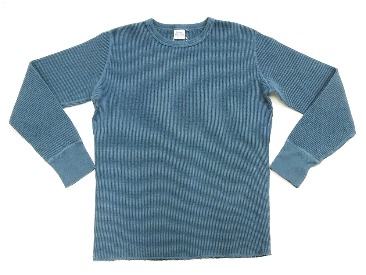 Studio D'Artisan Men's Heavyweight Waffle Knit Thermal Long Sleeve T-Shirt - 100% Cotton, Crew Neck, Ribbed Cuffs, Raw-edge hem, Made in Japan (SDA 9936) Faded-Blue