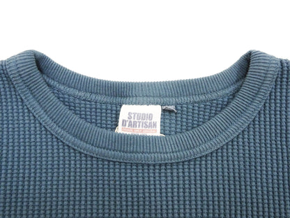 Studio D'Artisan Men's Heavyweight Waffle Knit Thermal Long Sleeve T-Shirt - 100% Cotton, Crew Neck, Ribbed Cuffs, Raw-edge hem, Made in Japan (SDA 9936) Faded-Blue