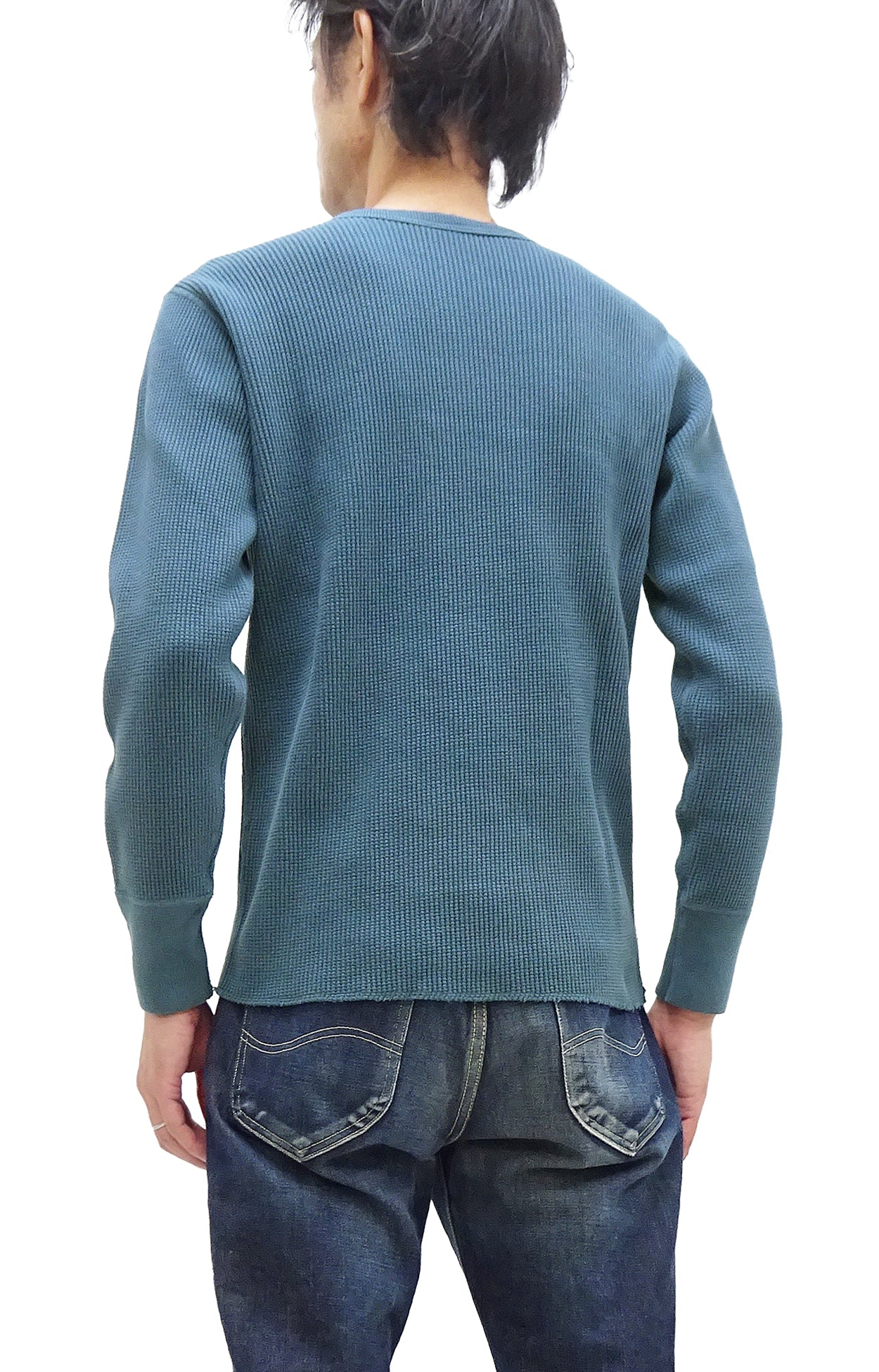 Studio D'Artisan Men's Heavyweight Waffle Knit Thermal Long Sleeve T-Shirt - 100% Cotton, Crew Neck, Ribbed Cuffs, Raw-edge hem, Made in Japan (SDA 9936) Faded-Blue