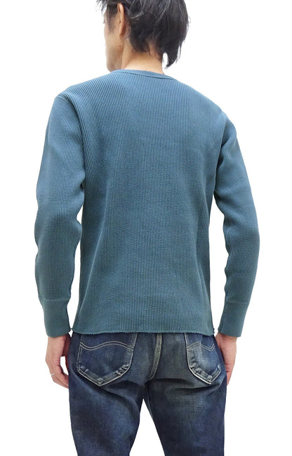 Studio D'Artisan Men's Heavyweight Waffle Knit Thermal Long Sleeve T-Shirt - 100% Cotton, Crew Neck, Ribbed Cuffs, Raw-edge hem, Made in Japan (SDA 9936) Faded-Blue