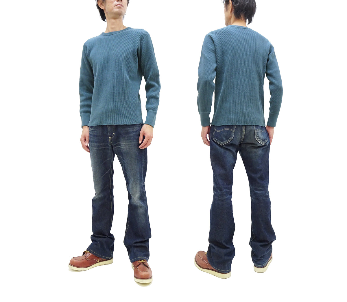 Studio D'Artisan Men's Heavyweight Waffle Knit Thermal Long Sleeve T-Shirt - 100% Cotton, Crew Neck, Ribbed Cuffs, Raw-edge hem, Made in Japan (SDA 9936) Faded-Blue