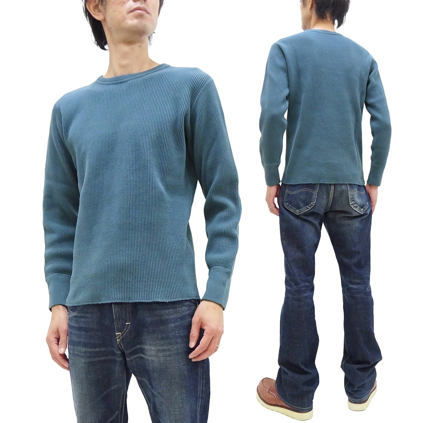 Studio D'Artisan Men's Heavyweight Waffle Knit Thermal Long Sleeve T-Shirt - 100% Cotton, Crew Neck, Ribbed Cuffs, Raw-edge hem, Made in Japan (SDA 9936) Faded-Blue