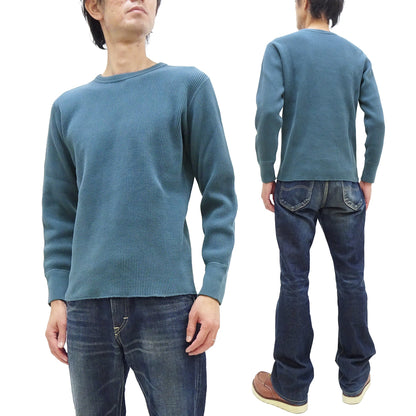 Studio D'Artisan Men's Heavyweight Waffle Knit Thermal Long Sleeve T-Shirt - 100% Cotton, Crew Neck, Ribbed Cuffs, Raw-edge hem, Made in Japan (SDA 9936) Faded-Blue
