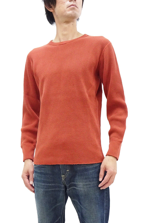 Studio D'Artisan Men's Heavyweight Waffle Knit Thermal Long Sleeve T-Shirt - 100% Cotton, Crew Neck, Ribbed Cuffs, Raw-edge hem, Made in Japan (SDA 9936) Burnt Sienna (deep red-brown color)