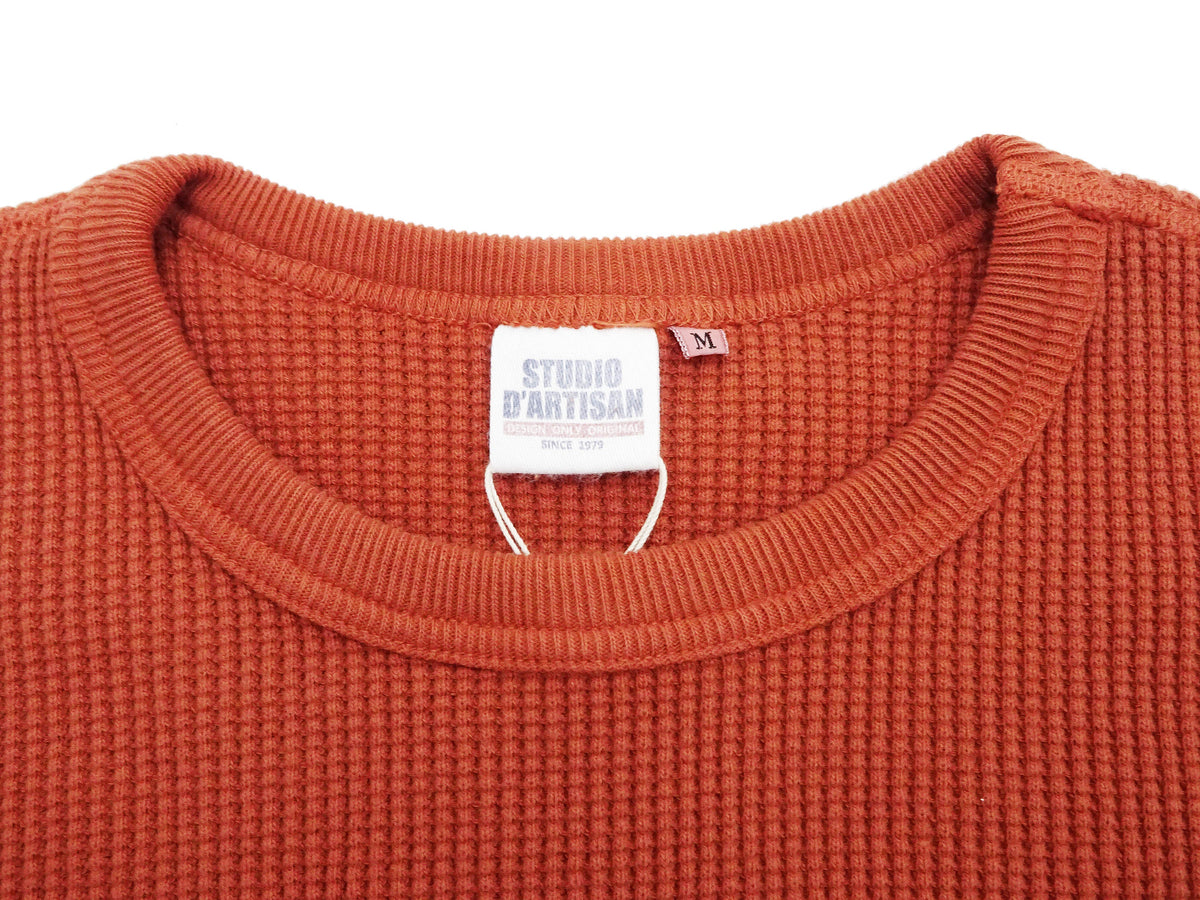 Studio D'Artisan Men's Heavyweight Waffle Knit Thermal Long Sleeve T-Shirt - 100% Cotton, Crew Neck, Ribbed Cuffs, Raw-edge hem, Made in Japan (SDA 9936) Burnt Sienna (deep red-brown color)