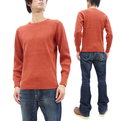 Studio D'Artisan Men's Heavyweight Waffle Knit Thermal Long Sleeve T-Shirt - 100% Cotton, Crew Neck, Ribbed Cuffs, Raw-edge hem, Made in Japan (SDA 9936) Burnt Sienna (deep red-brown color)