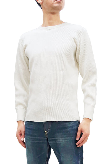Studio D'Artisan Men's Heavyweight Waffle Knit Thermal Long Sleeve T-Shirt - 100% Cotton, Crew Neck, Ribbed Cuffs, Raw-edge hem, Made in Japan (SDA 9936) White