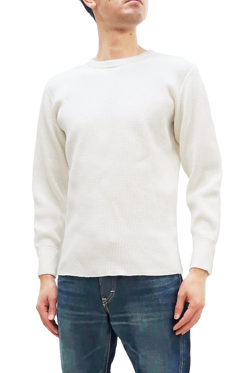 Studio D'Artisan Men's Heavyweight Waffle Knit Thermal Long Sleeve T-Shirt - 100% Cotton, Crew Neck, Ribbed Cuffs, Raw-edge hem, Made in Japan (SDA 9936) White