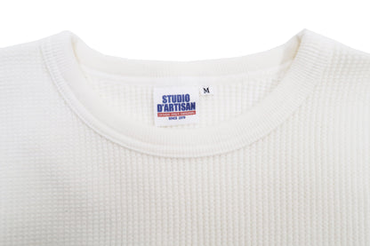 Studio D'Artisan Men's Heavyweight Waffle Knit Thermal Long Sleeve T-Shirt - 100% Cotton, Crew Neck, Ribbed Cuffs, Raw-edge hem, Made in Japan (SDA 9936) White