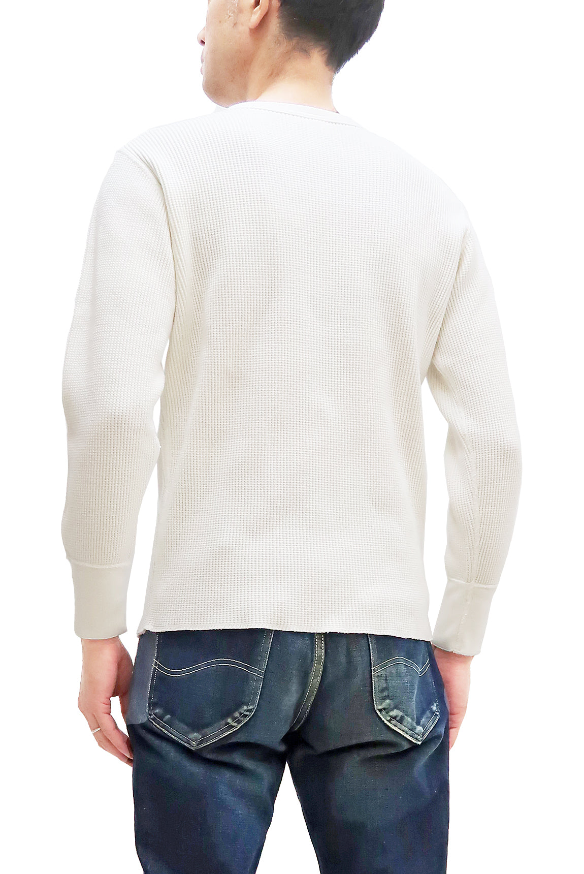 Studio D'Artisan Men's Heavyweight Waffle Knit Thermal Long Sleeve T-Shirt - 100% Cotton, Crew Neck, Ribbed Cuffs, Raw-edge hem, Made in Japan (SDA 9936) White