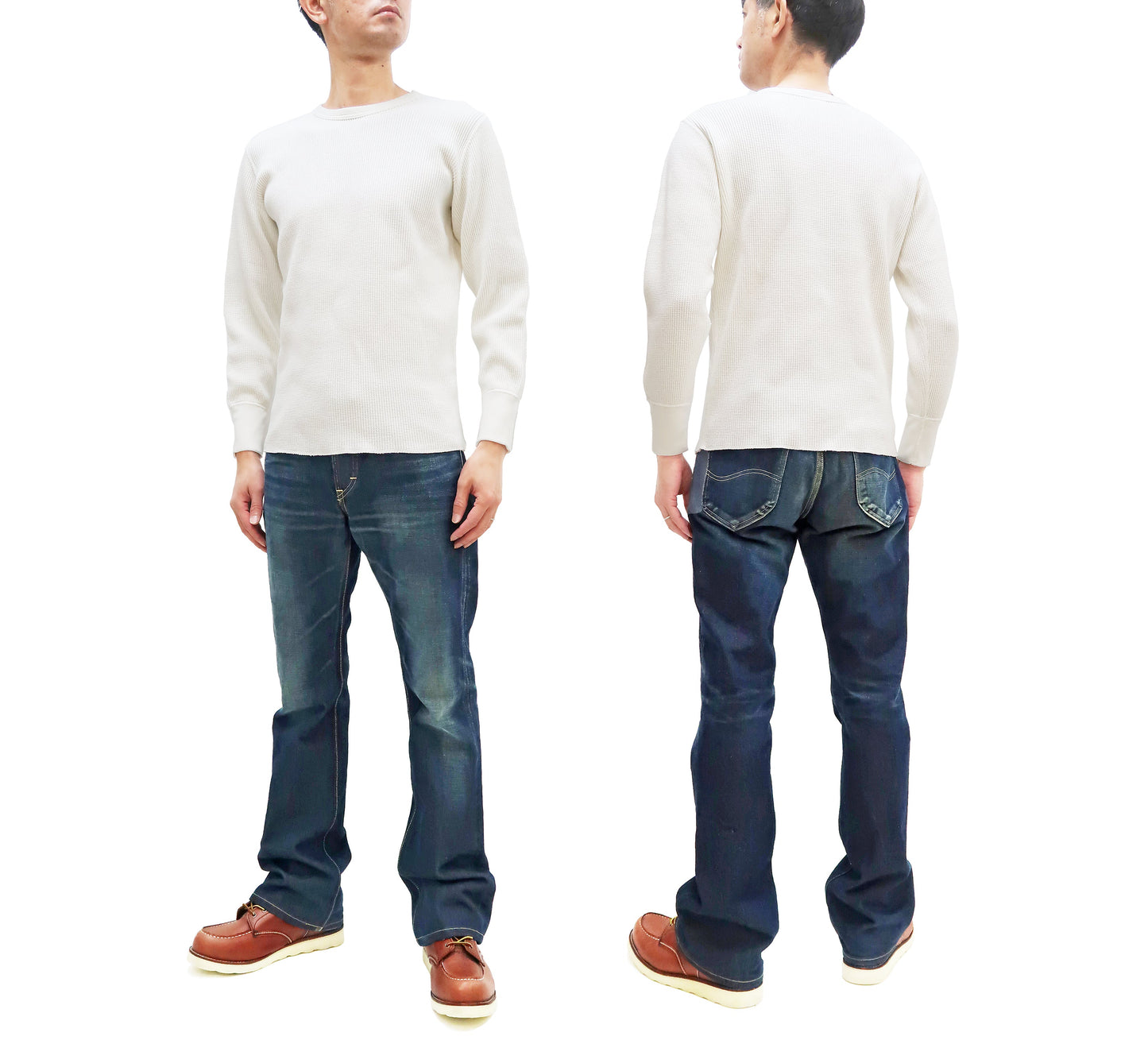 Studio D'Artisan Men's Heavyweight Waffle Knit Thermal Long Sleeve T-Shirt - 100% Cotton, Crew Neck, Ribbed Cuffs, Raw-edge hem, Made in Japan (SDA 9936) White
