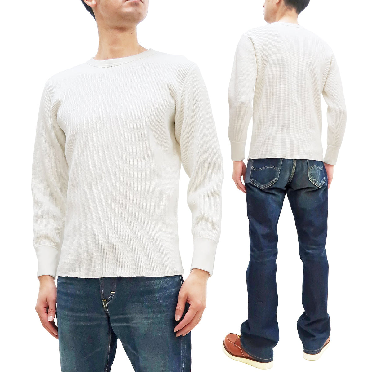 Studio D'Artisan Men's Heavyweight Waffle Knit Thermal Long Sleeve T-Shirt - 100% Cotton, Crew Neck, Ribbed Cuffs, Raw-edge hem, Made in Japan (SDA 9936) White