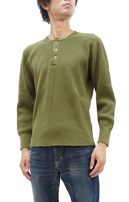 Studio D'Artisan Men's Heavyweight Waffle Knit Thermal Henley Long Sleeve T-Shirt - 100% Cotton, Ribbed Crew Neck Band, Ribbed Cuffs, Raw-edge hem, Made in Japan (SDA 9937) Khaki