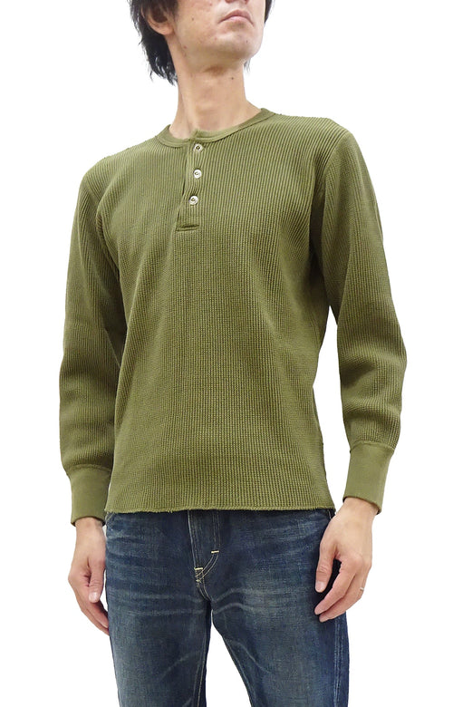 Studio D'Artisan Men's Heavyweight Waffle Knit Thermal Henley Long Sleeve T-Shirt - 100% Cotton, Ribbed Crew Neck Band, Ribbed Cuffs, Raw-edge hem, Made in Japan (SDA 9937) Khaki