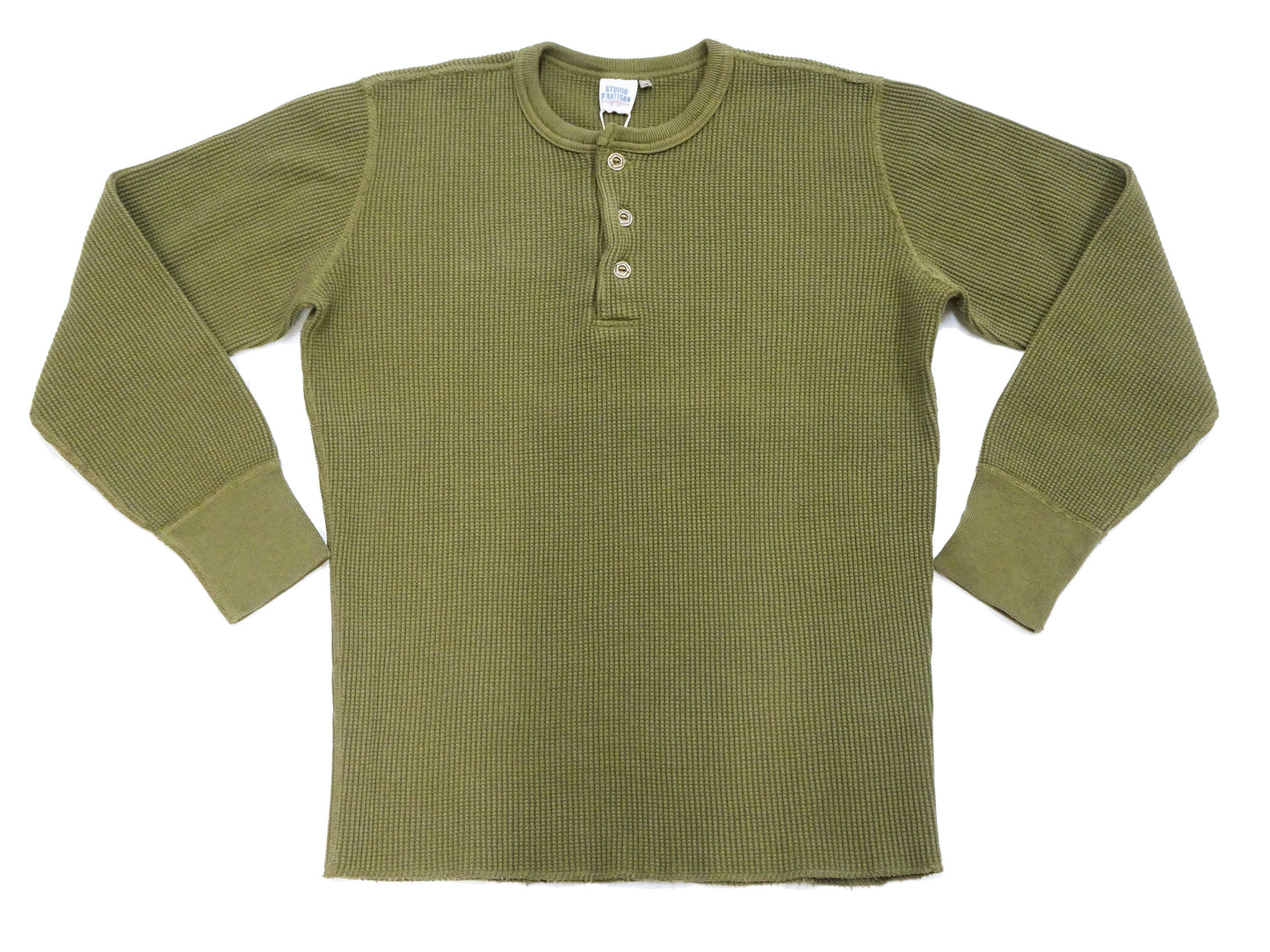 Studio D'Artisan Men's Heavyweight Waffle Knit Thermal Henley Long Sleeve T-Shirt - 100% Cotton, Ribbed Crew Neck Band, Ribbed Cuffs, Raw-edge hem, Made in Japan (SDA 9937) Khaki