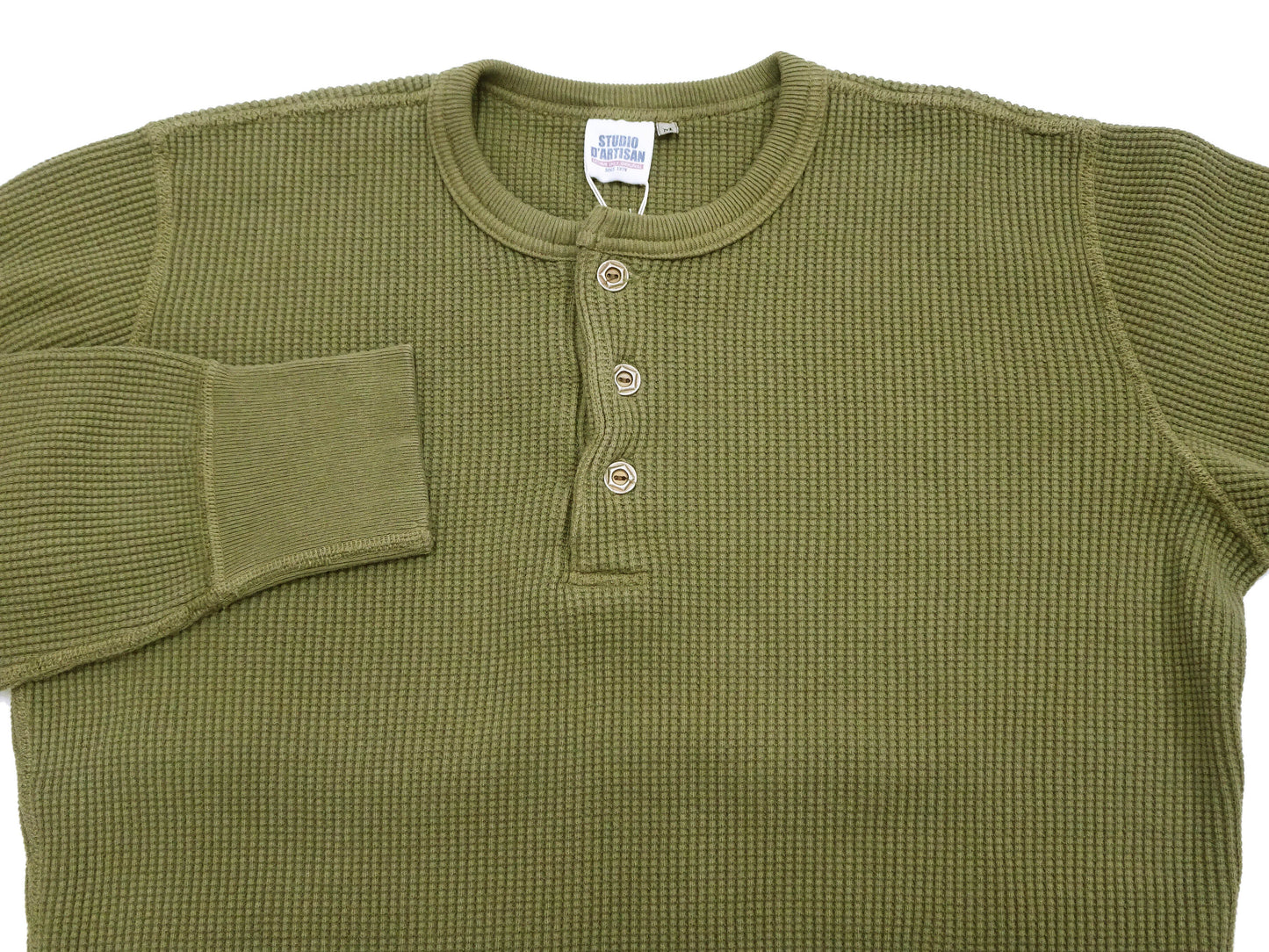 Studio D'Artisan Men's Heavyweight Waffle Knit Thermal Henley Long Sleeve T-Shirt - 100% Cotton, Ribbed Crew Neck Band, Ribbed Cuffs, Raw-edge hem, Made in Japan (SDA 9937) Khaki