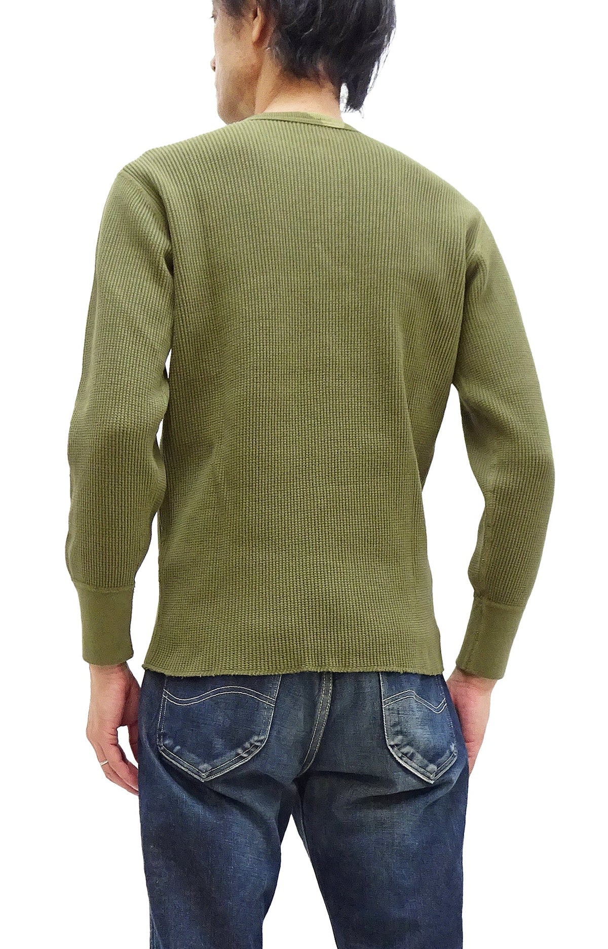 Studio D'Artisan Men's Heavyweight Waffle Knit Thermal Henley Long Sleeve T-Shirt - 100% Cotton, Ribbed Crew Neck Band, Ribbed Cuffs, Raw-edge hem, Made in Japan (SDA 9937) Khaki